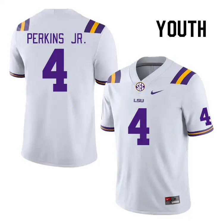 Youth LSU Tigers Harold Perkins Jr. #4 White NCAA Football Jersey